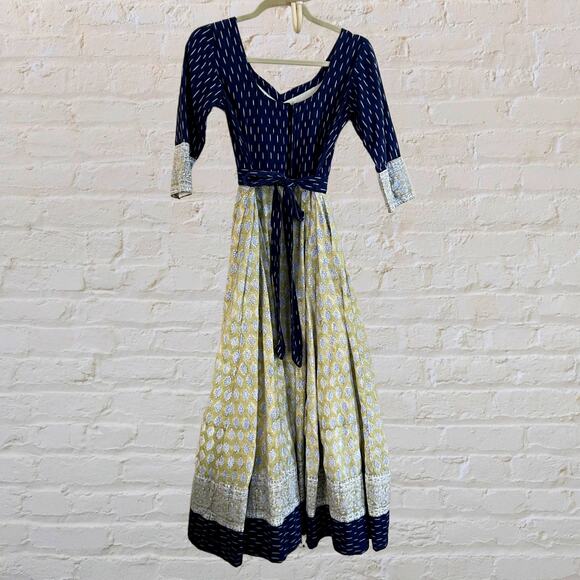 Vintage Indian Block Print Cotton Maxi Dress Cottagecore Prairie, Mint Condition - Picture 2 of 8